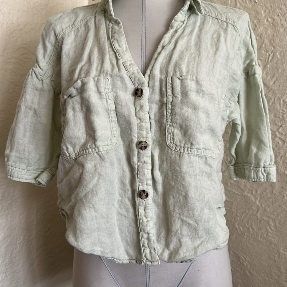 Zara Pale Spring Green Woven Casual Slouchy Short Sleeve Button Up Shirt Large - Picture 3 of 7